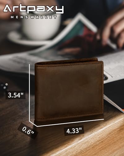 Artpaxy Mens Wallet Genuine Leather Bifold RFID Blocking Wallet for Men with 1 ID Window 13 Card Holders 2 cash pockets 1 Gift Box - color: Dark Coffee Brown