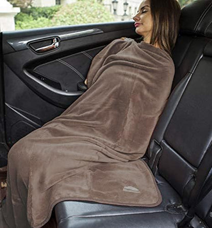 BlueHills Premium Soft Travel Blanket Pillow Airplane Flight Blanket Throw in Soft Bag Pillow case with Luggage Belt & Backpack Clip Compact Pack Large Airport Taupe T023 - color: Taupe-1pk-t023