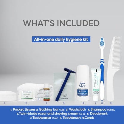 Dynarex DynaCare Daily Hygiene Kit - Travel Essentials Toiletry Bag - Includes TSA Approved Shampoo, Toothbrush Set, Razor and More - Blue, 1 Kit (10-Pieces) (Pack of 2) - size: 7" x 10" (Pack of 2)