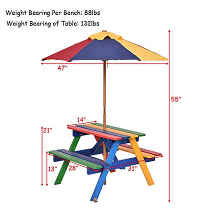 Costzon Kids Picnic Table Set, Colorful Wood Picnic Table and Benches with Removable/Folding Umbrella, Children Rainbow Bench Outdoor Patio Set