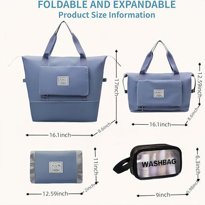 Large Capacity Foldable Travel Bag, Expandable lightweight Carry on Bag, Dry with Wet Separation Spor Duffel Bags (Blue+Toiletry Bag) - color: Blue+Toiletry Bag