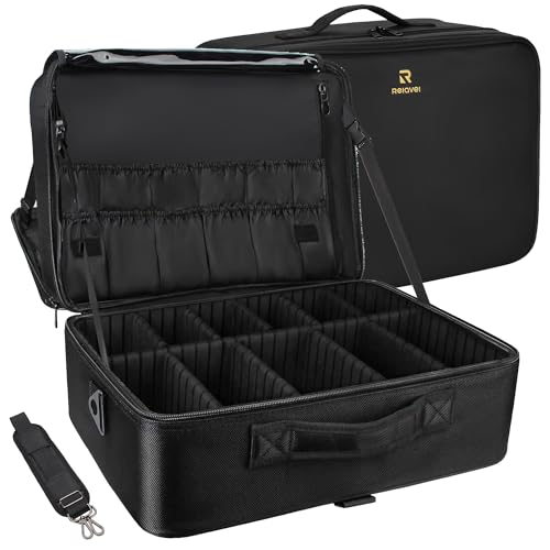 MONSTINA Extra Large Makeup Case 17 Inch Travel Makeup Train Case Professional Makeup Artist Case Nail Polish Organizer Storage Box with Two Adjustable Shoulder Strap - color: A Black, size: X Large