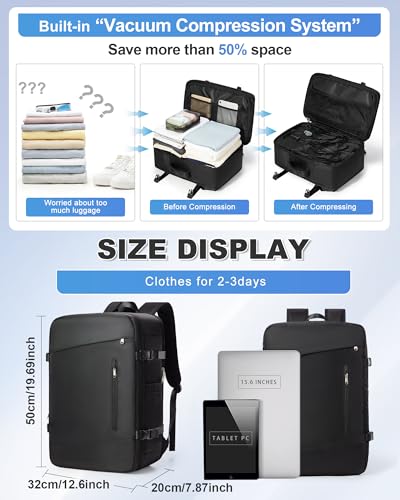 VGCUB Vacuum Backpack Travel with Suit Bag and Air Pump Compression Vacpack Carry on Flight Approved Daypack Laptop Space Saver Garment Bags for Travel Storage with Vacuum System Women Men Black - color: B14-black With Electric Pump, style: X-large