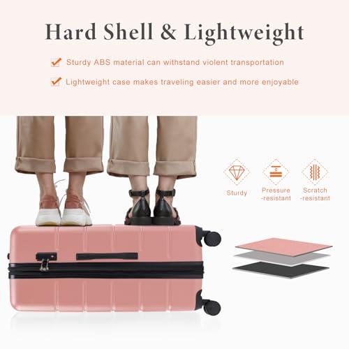 Sweetcrispy 28 Inch Checked Luggage, ABS Lightweight Rolling Hard Shell Suitcase with Smooth Spinner Wheels, Built-in TSA Lock, Durable Travel Suitcase for Business and Vacation Trip, Pink - color: Pink, size: 28 Inch
