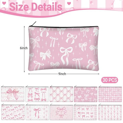 30 Pcs Pink Bow Makeup Bags Coquette Cosmetic Zipper Pouches with Elegant Pink Bow Makeup Bag Bulk Canvas Cosmetic Travel Toiletry Pouch for Women Bridesmaids Wedding Favors - style: Pink Bow