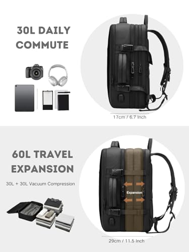 Vacuum Seal Travel Backpack 60L Expandable Air Compression System, Water Resistant Airline Approved Carry-On Suitcase Luggage, Black - Vacuum Pump Included