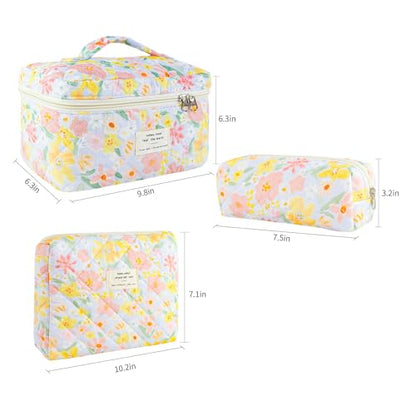 GISMTR 3Pcs Makeup Bag Cotton Quilted Travel Cosmetic Bag Cute Floral Makeup Pouch Large Toiletry Bag for Women Girls - color: Oil painting flowers