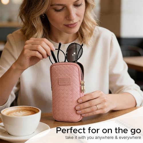 KINIVA Double Eyeglass Case for Men Women, 2-in-1 PU Dual Sunglasses Case, Scratch-Proof Travel Eyeglass Holder for Purse Car - style: Pink Woven