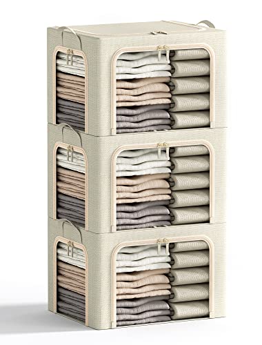 3 Openings Clothes Storage Bins with Metal Frame, Foldable Storage Bin for Clothes, Clothing Storage Bins with Lid, Linen Storage Box With Clear Window＆ Zippers＆ Durable Handles.(3 Pcs,Beige,40L) - color: Beige, size: Medium-(‎16.5 x 12.6 x 11.8 )ines