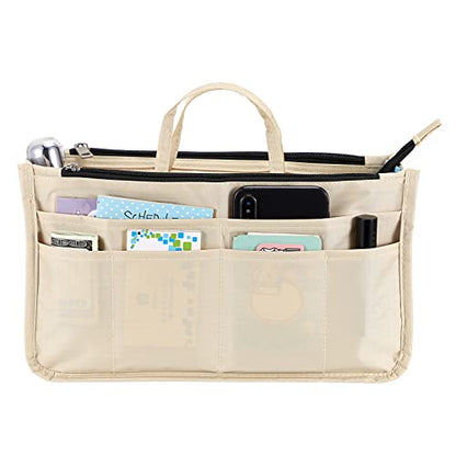 BTSKY Printing Handbag Organizers Inside Purse Insert - High Capacity 13 Pockets Bag Tote Organizer with Handle Beige - color: Beige