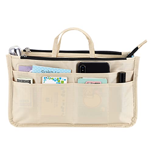 BTSKY Printing Handbag Organizers Inside Purse Insert - High Capacity 13 Pockets Bag Tote Organizer with Handle Beige - color: Beige