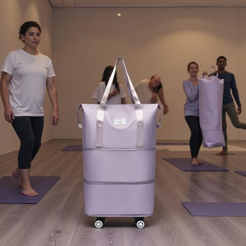 Expandable Foldable Duffel Bag with Detachable Wheels, 64L Large Capacity Rolling Travel Duffle Bag, Lightweight Carry on Luggage with Spinner Wheels, Weekend Gym Tote Bag (Light Purple) - color: Light Purple