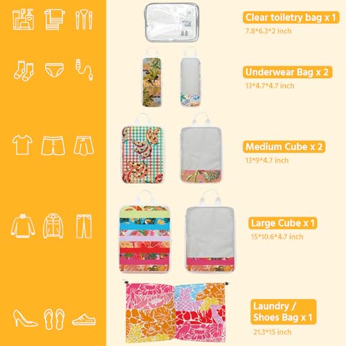 7 Pcs Compression Packing Cubes for Travel, Waterproof Suitcase Luggage Backpack Organizer with Toiletry Bag Travel Essentials for Women/Men-Tropical Pattern - color: Multi-Tropic