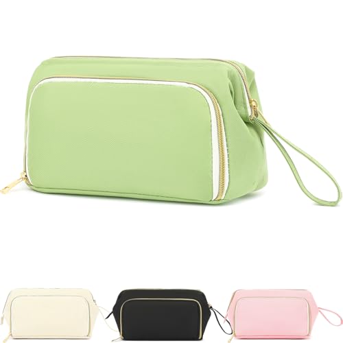 Fammart Travel Makeup Bag, Wide-open Cosmetic Bag Make Up Organizer Case with Brushes Pocket for Women, Large Family Toiletry Bag Skincare Pouch for Toiletries Accessories - color: Oxford - Green