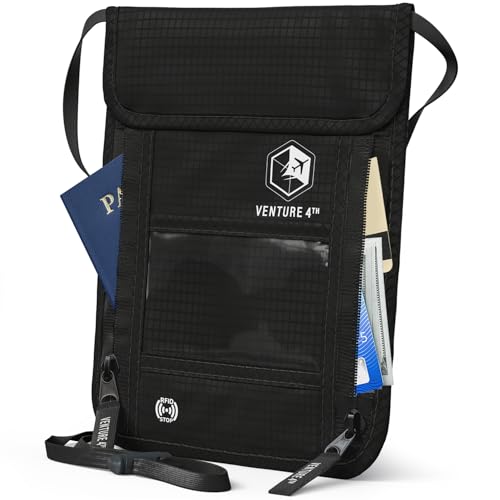 VENTURE 4TH Neck Wallet – RFID Blocking Passport Holder for Travel, Hidden Passport Wallet, Concealed Travel Wallet for Women, Men & Family (Pure Black) - color: Pure Black