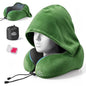 SkytraxComf® Travel Neck Pillow with Hood for Privacy on Long Flights | Memory Foam | Airplane Sleep | Safety-Tested Materials | Extra Large Hood | Chin Support | Earplugs | Washable Cover - color: Olive