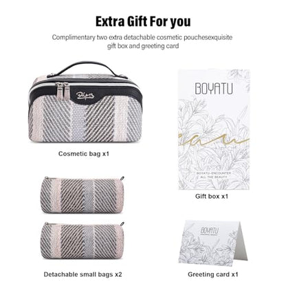 BOYATU Travel Makeup Bag Cosmetic Bag for Women: 3 Pcs Set Make up Bag with Compartments - Waterproof Vegan Leather Toiletry Bags with Handle - Makeup Organizer for Travel Essentials(C-4-Black) - color: C-4-Black