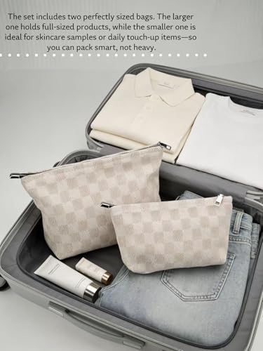 2-Pack Beige Checkered Makeup Bag Set - Large Capacity Cosmetic Organizer Pouch | Travel Toiletry Bag for Women Girls - color: C02-light coffee