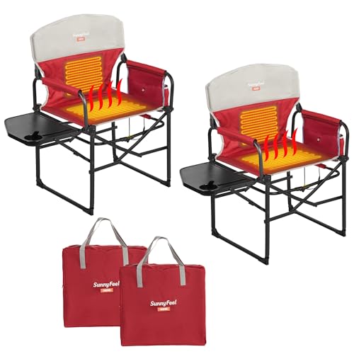 SUNNYFEEL Heated Camping Directors Chair, Heavy Duty,Oversized Portable Folding Chair with Side Table, Pocket for Beach, Fishing,Trip,Picnic,Lawn,Concert Outdoor Foldable Camp Chairs - color: Heated Red-2set
