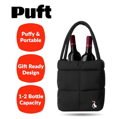 PUFT Puffer Wine Tote Bag – Insulated Wine Bottle Carrier for Bottles – Trendy Quilted Wine Bag - color: 2 Bottles Black