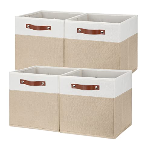 Temary Fabric Storage Cubes - 12 Inch Collapsible Bins (4Pack) - Empty Gift Baskets for Organizing Shelves, Closets, Nursery (White & Khaki) - color: White&Khaki, size: 12×12×12