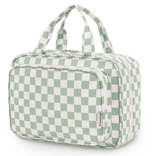 Narwey Travel Toiletry Bag for Women Large Capacity, Hanging Makeup Bag Organizer Toiletries Bag for Full Size Essentials, Accessories, Brushes, Cosmetics (Mint Green Checkerboard (Large)) - color: B-Mint Green Checkerboard, style: Large
