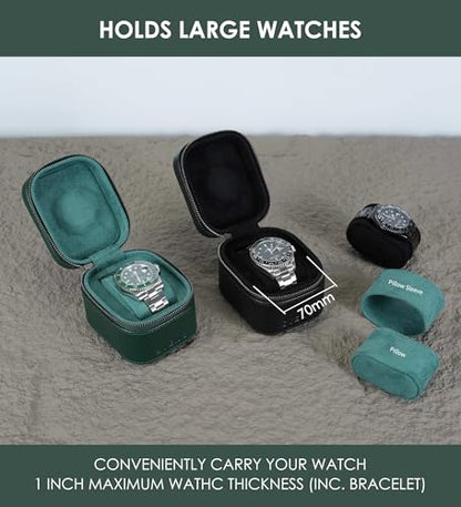 Watch Travel Box, Real Genuine Leather Single Watch Roll Case for Man and Women Watch Packing Storage Organizer with Suede to Protection Zipper Fit All Watches Up to 60mm (1W-Z-GRR) - color: 1W-Z-GRR
