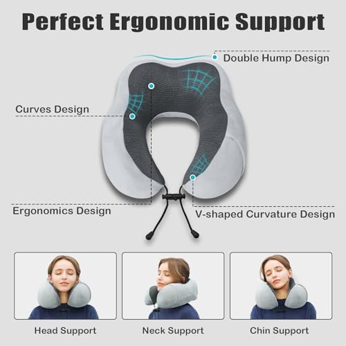 Travel Pillow, Memory Foam Neck Pillow for Traveling, U Shape Neck Pillow Airplane Portable Flight Pillow Travel Kit with 5D Contoured Eye Masks and Earplug for Plane Train Car Home Office - color: Grey