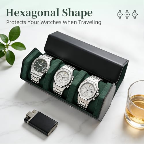 Leather Watch Roll for 3 Watches - Velvet-Lined Travel Case, Luxury Watch Rolls Organizer with Storage & Display for Men (3 Slot-Black Green) - color: 3 Slot-Black Green