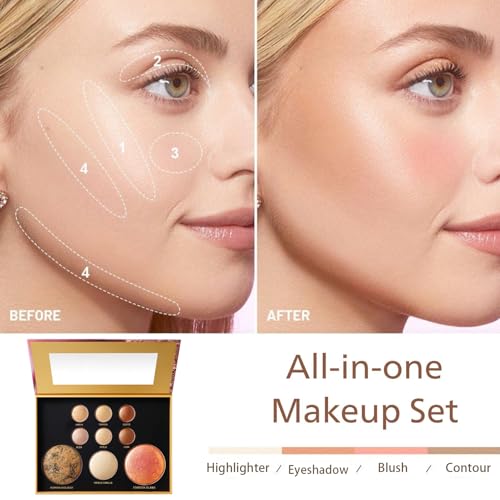 K'APEINE All-in-One Makeup Palette, 9 Colors Neutral Baked Face Kit with Eyeshadow, Blush, Highlighter & Contour | Everyday Nude Matte Shimmer Finish for Women - 01# - color: Golden Holiday (9 Colors)