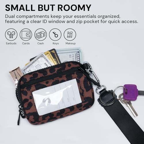 Small Wallet for Women, Mini Zip Card Case with Clear ID Window, Zipper Coin Purse, Lightweight Portable Keychain Card Holder - color: Brown Leopard Print