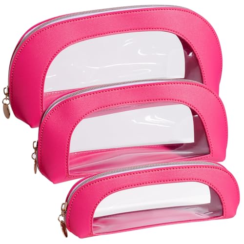 BS-MALL 3 Pcs Makeup Bag Set, Waterproof Travel Makeup Kit with Zippers, Lightweight Travel Bag for Makeup Brush Holder & Organizer, Fashionable Leather Case for Daily Use & Storage (Hot Pink) - color: Hot Pink