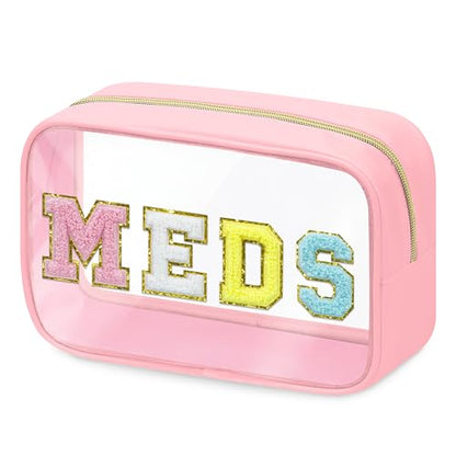BuyCard Clear Meds Chenille Letter Nylon Makeup Bag - Portable Preppy Patch Cosmetic Toiletry Travel Storage Medicine Bag With Zipper for Women Girls Pink - color: MEDS-Pink, style: 1 Pcs-clear