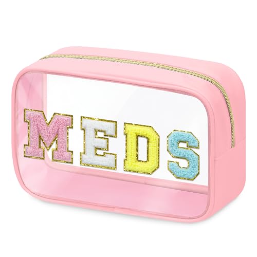 BuyCard Clear Meds Chenille Letter Nylon Makeup Bag - Portable Preppy Patch Cosmetic Toiletry Travel Storage Medicine Bag With Zipper for Women Girls Pink - color: MEDS-Pink, style: 1 Pcs-clear