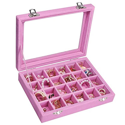 Vicoter Velvet Jewelry Box 24 Grid Jewelry Ring Display Organiser Box Tray Holder Earrings Storage Case for Girls Wife Mom Women (Pink) - color: Pink