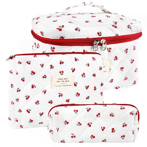 URSKYTOUS 3Pc Cotton Quilted Makeup Bag for Women Extra Large Coquette Small Floral Travel Cosmetic Bag Set Cute Cherry Makeup Pouch Portable Toiletry Bag Organizer Vintage Puffy Essential Storage Bag - color: ML 3PCS Red Cherry