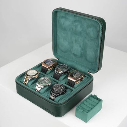 Watch Travel box Real Top-grain Leather, 6 Watches Storage Organizer Roll Case for Man and Women, Leather Packing Box with Suede to Protection Zipper Fit All Watches Up to 60mm (6W-Z-GRL) - color: 6W-Z-GRL