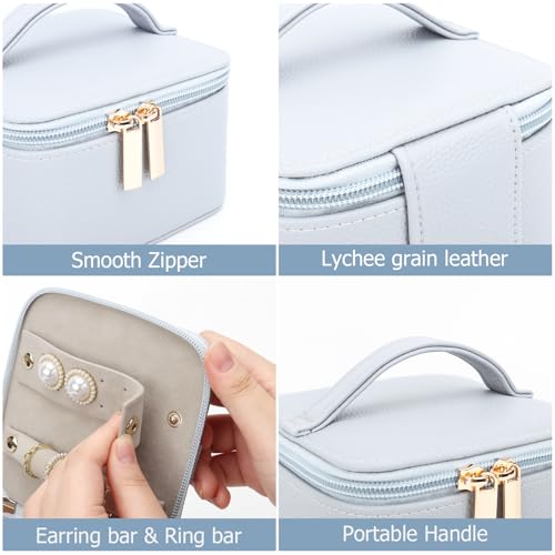 DesignSter Small Jewelry Box, Travel Small Jewelry Organizer with Earring Tray and Ring Holder, Square Travel Jewelry Storage Case with 6 Velvet Jewelry Pouches, Blue Gray - color: Blue Gray