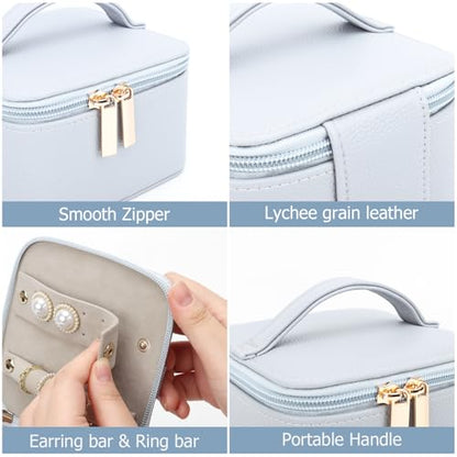 DesignSter Small Jewelry Box, Travel Small Jewelry Organizer with Earring Tray and Ring Holder, Square Travel Jewelry Storage Case with 6 Velvet Jewelry Pouches, Blue Gray - color: Blue Gray
