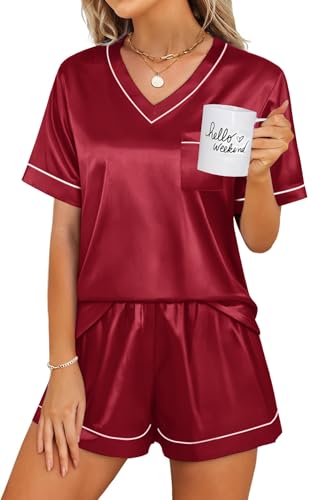 WIHOLL Silk Pajamas for Women Short Sleeve Sleepwear Soft Lounge Sets 2 Piece Satin Pjs - color: Wine, size: Small
