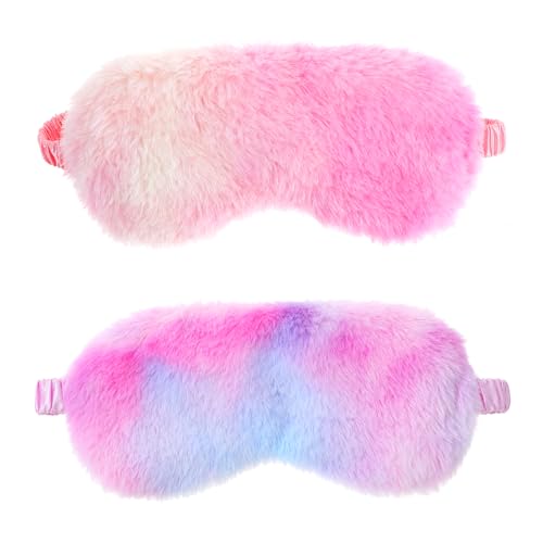 2 Pcs Plush Eye Mask Soft Sleeping Blindfold Eye Cover Comfortable Furry Faux Fur Sleeping Mask Satin Nap Night Eyeshade Cover for Women Men Gift (Purple, Red) - color: Purple&red