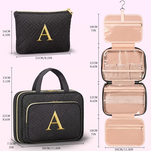 Gifts for Women, Initial Toiletry Makeup Bag Hanging Cosmetic Organizer with Embroidery Letter Personalized Nurse Teacher Appreciation Birthday Mothers Day Gifts for Mom Sister Wife Friends Auntie Her - style: A