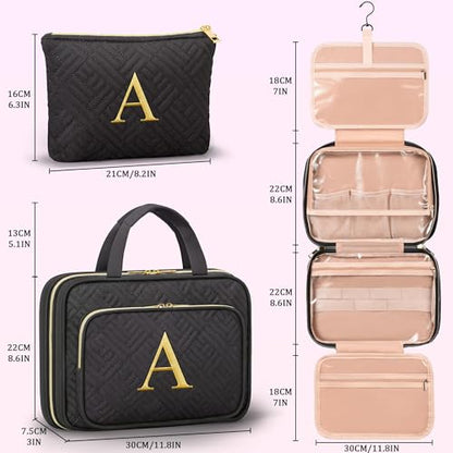 Gifts for Women, Initial Toiletry Makeup Bag Hanging Cosmetic Organizer with Embroidery Letter Personalized Nurse Teacher Appreciation Birthday Mothers Day Gifts for Mom Sister Wife Friends Auntie Her - style: A