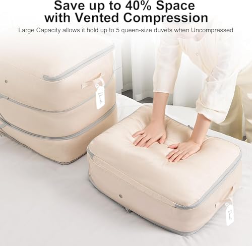 DIMJ Comforter Storage Bag - Large Capacity Ultra Space Saving Self Compression Organize for Duvet, Pillow, Bedding, Blanket Storage Organizer Nylon Compression Bags - color: Beige, size: 110L x 3 Pack