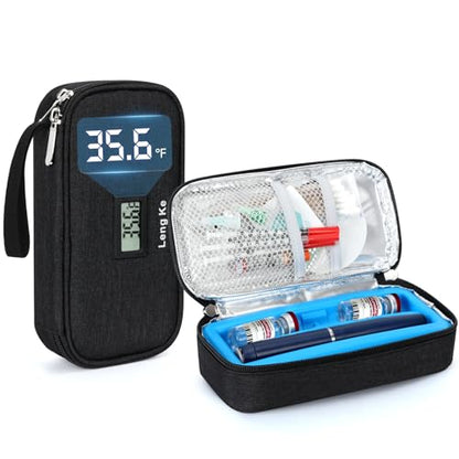 YOUSHARES Insulin & peptide Cooler Travel Case for Pen & Vials, Temperature Display Diabetic Med Cooling Bag with Protective Ice Brick, TSA Approved Refrigerated Diabetes Supplies Carrying Organizer - color: 01_Black