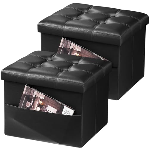 AmasSmile 2PC Storage Ottoman Folding Foot Rest Stool with Side Pocket, 16 inch Leather Footstool Bench, Short Ottoman Bench, Storage Foot Rest Store, Books, Black - color: Black 2 Pack., size: 16"*12"*12"with side pockets