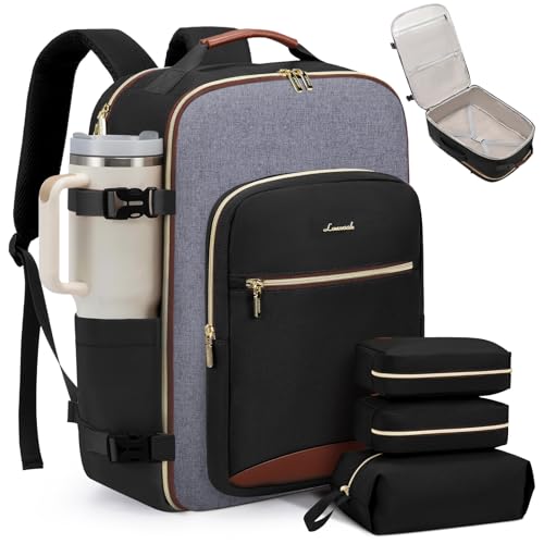 LOVEVOOK 40L Travel Backpack for Women & Men, Airline Approved Carry On Luggage with 3 Packing Cubes, TSA Overnight Bags, Waterproof Personal Item Bag, Weekender Essentials Backpacks fits 17" Laptop - color: Black-grey-brown, size: Large