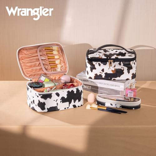 Montana West X Wrangler Travel Makeup Bag 2pcs Set Large Cosmetic Bag with Makeup Brush Holder Portable Make Up Organizer Cute Toiletry Bag with Divider and Handle for Women - color: Cow-Black