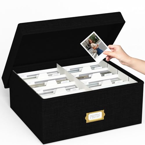 Decorative Photo Storage Box - Linen Photo Box Organizer with Dividers, Fits Holds Up to 1700 Pictures and 4x6 Photos, Memory Keepsake Organizer for Photos, Scrapbook Supplies, Cards, Stamps (Black) - color: Black, size: 4x6 (1 Pack)