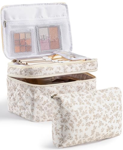 HBselect 2Pcs Travel Makeup Bag, Large Cotton Quilted Makeup Bag Cosmetic Bag Cute Make up Bag Toiletry Bags for Women Girls - color: 2PCS-Quilted Makeup Bag 1